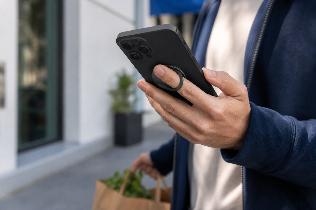 A person holding a large phone more steadily with a circular finger grip