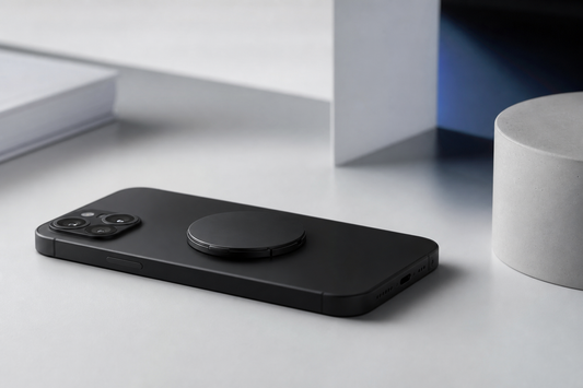 A clean circular folding phone grip resting flat against a black phone