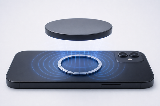 A circular magnetic accessory aligning with the magnetic ring on a phone