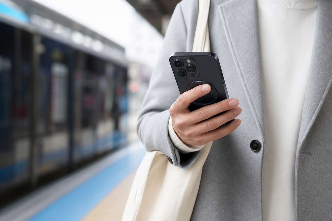 A commuter holding a phone with a circular magnetic grip during an everyday journey