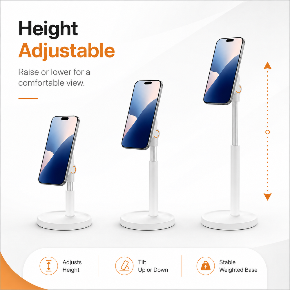 Height adjustable phone stand with tilt